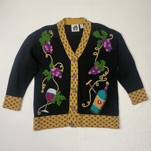 Vintage  Storybook Knits Wine  Cardigan Sweater Size LARGE black w/ grapes
